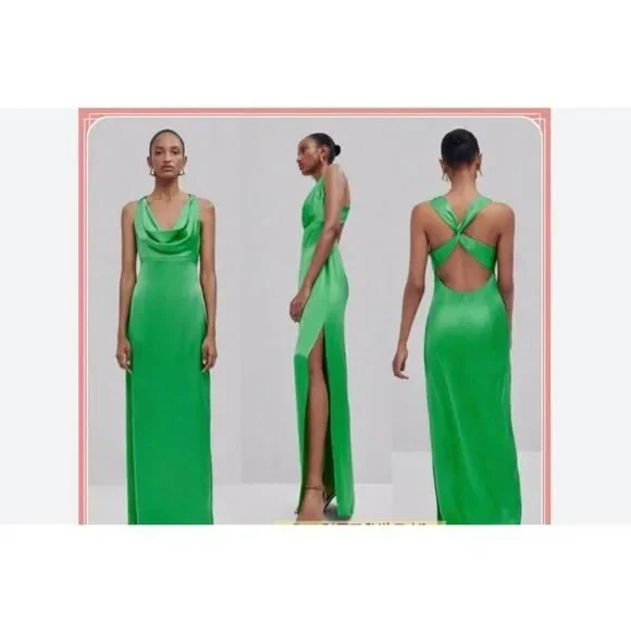 Massimo Dutti Studio Womens Silk Dress Maxi Draped Formal S Green 9050/952 NWT